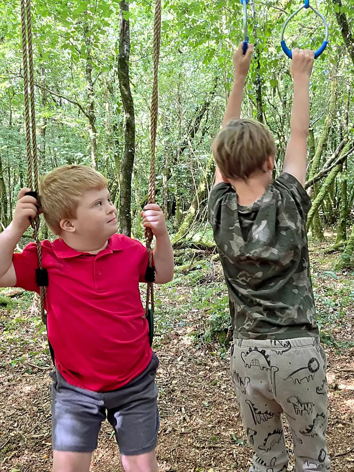 Two children playing on the rope swings in the trees Two children playing on the rope swings in the trees