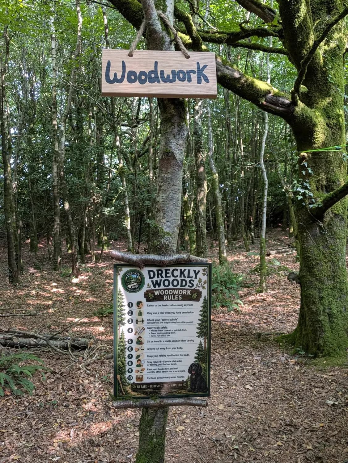 Their own hand-made "Dreckly Woods Woodwork Rules" sign on a post in the trees